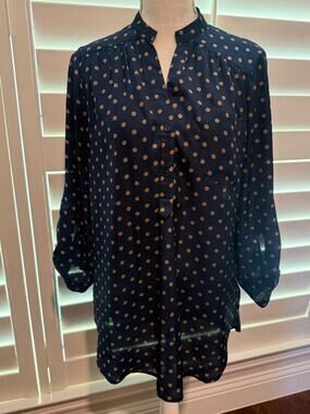 Fun 2 Fun Women Navy Blue Tan Dot Long Sleeve Blouse Top Roll Tab Workwear - L